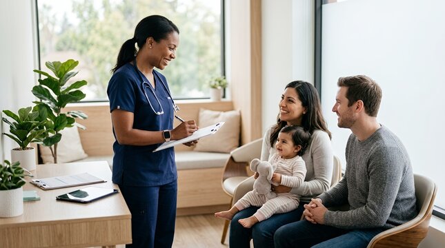 Friendly female doctor consulting with a young family and their baby in a modern medical office.