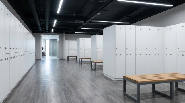 Modern gym locker room area featuring benches and secure lockers for personal belongings
