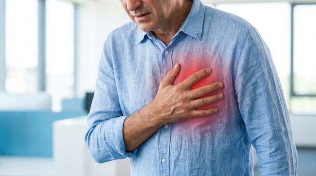 Man experiencing severe chest pain and discomfort, suffering a heart attack or cardiac arrest with red spot indicating hurt location.