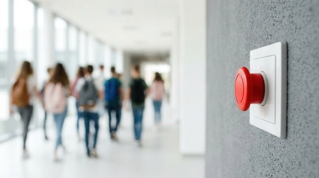 Red alarm button on a gray wall contrasting with students in a bright school corridor, symbolizing potential danger and alertness