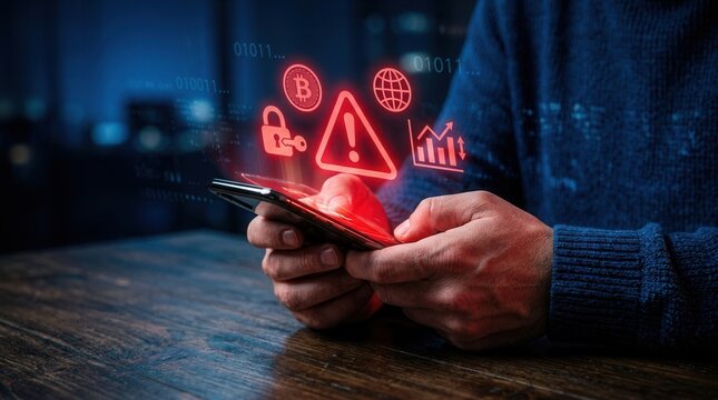Digital security concerns and cryptocurrency highlighted on a smartphone during evening hours