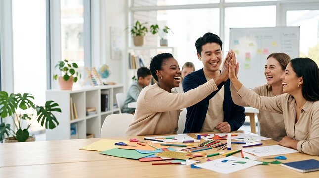 Diverse group of happy young professionals celebrating success with a high five in a modern bright office.