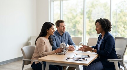 Fototapeta premium A young couple having a consultation with a professional advisor or medical specialist in an office.
