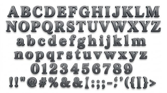 Ornate vintage style font alphabet from a to z with numbers and punctuation isolated on white background