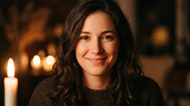 Woman smile candlelight candle portrait warm indoor face adult brunette happy woman smiling by candlelight with warm indoor glow, soft focus background, cozy evening mood, casual sweater