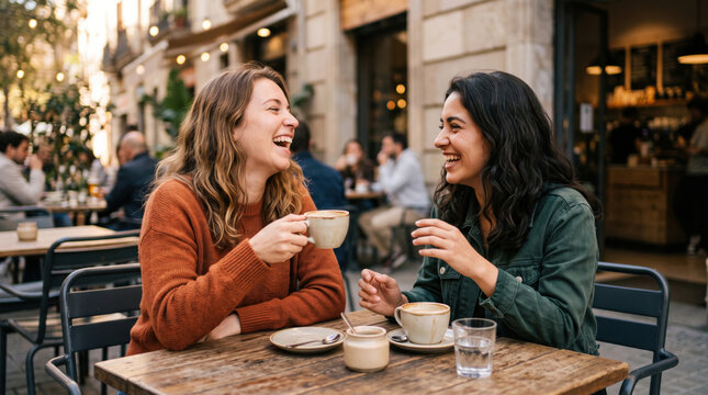 Friend coffee cafe laughter woman outdoor table cup conversation smile joyful friend sharing coffee outdoor cafe table, laughing during warm city conversation with cup, drink, lifestyle