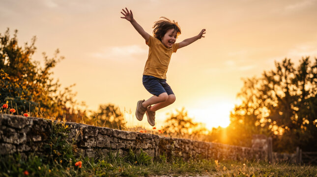 Child leaping wall sunset jump outdoor playful joy stone summer child leaping from stone wall at sunset with playful joy arms raised warm light garden grass flower tree carefree childhood adventure