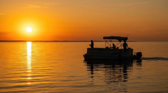 A serene sunset fishing scene on the Baltic Sea with fishermen on a gentle pontoon boat.