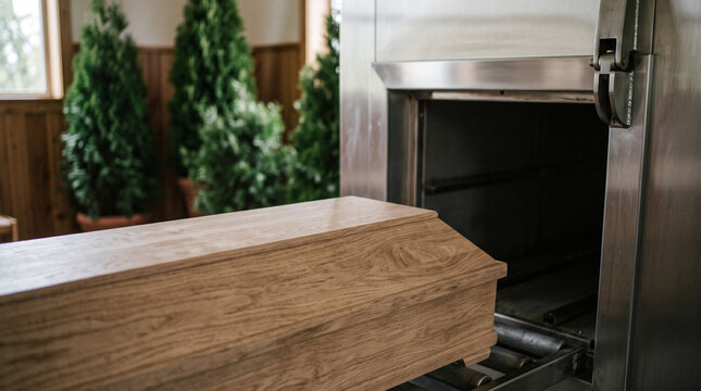 Wooden coffin on a roller track moving into a cremator furnace in a crematorium