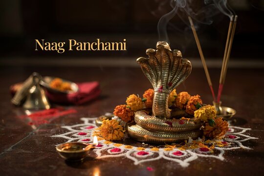 Brass multi-headed cobra idol decorated for Naag Panchami festival celebration.