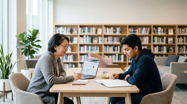 A mature female professor and a young male student studying together in a modern university library.
