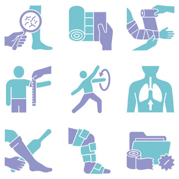 Medical rehabilitation and injury recovery icon set