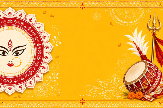 Bright Bengali Durga Puja festival illustration featuring Goddess Durga face motif, traditional dhak drum, trident, white feathers, marigold flowers, ornate borders and golden festive background