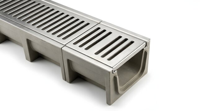 Industrial stainless steel drainage channel, linear shower drain with metal grate, modern concrete gutter system for water management