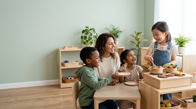 Diverse group of children and teacher playing with wooden toy food in a bright classroom.