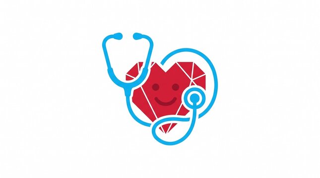 Medical heart logo with blue stethoscope, red geometric heart symbol with smiley face, healthcare and cardiology icon on white background