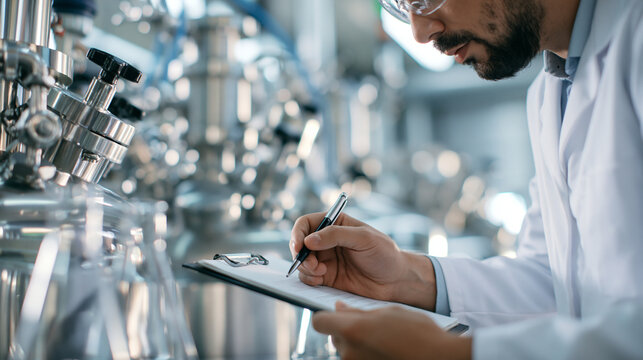 Cropped view of a technician checking industrial processing equipment in a bright stainless steel food production facility face out of frame bright food factory inspection