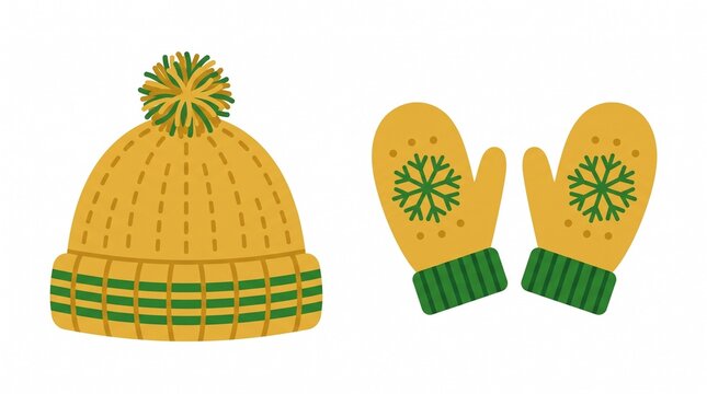 Yellow knitted winter hat and mittens set, cozy wool beanie with pompom, warm seasonal clothing with green snowflake pattern