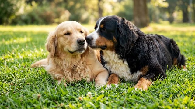 Two dogs are having fun in a park. They are lying on the grass and interacting with each other. The sun is shining down, and the trees are in the background