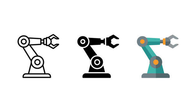 Set of robotic arm icons, industrial robot arm for manufacturing, automation technology, vector illustration