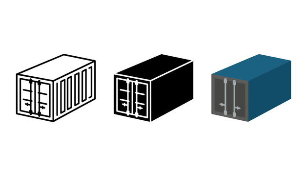 Set of shipping container icons, vector illustration of freight cargo containers in outline, solid black, and blue styles