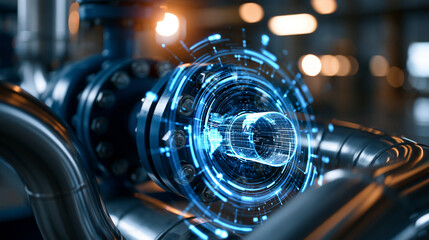 Fototapeta premium Futuristic blue holographic interface overlay on a metal piping system showing pipeline data visualization under bright lighting no people bright pipeline data visualization
