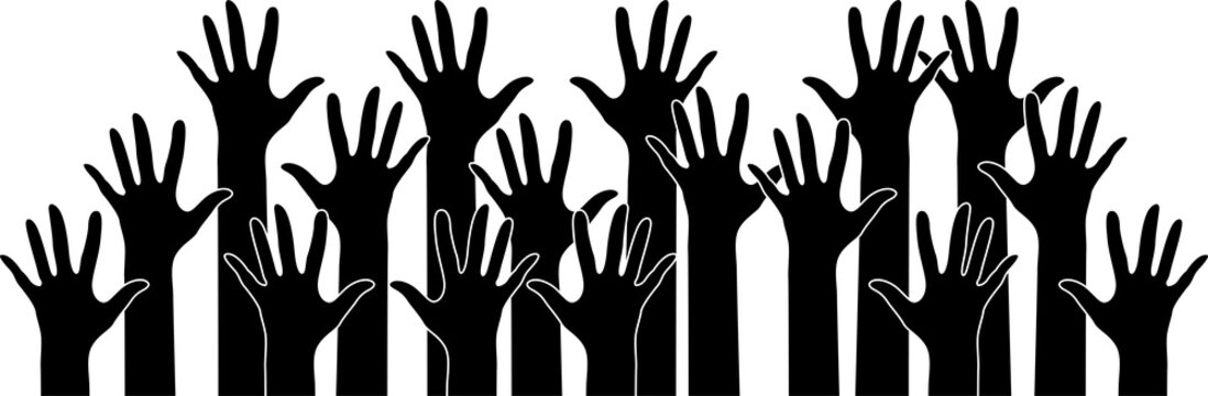 Black Raised Hands PNG, Solid Black Hand Silhouettes with Extended Fingers in an Upward Row Arrangement, Isolated on Transparent Background