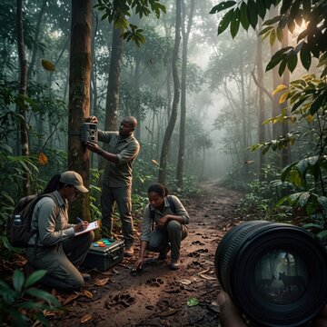 Field researchers setting up a camera trap in a dense forest for wildlife monitoring