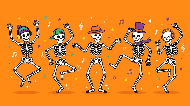 A festive illustration of five skeletons dancing together to celebrate a fun happy halloween party on an orange background