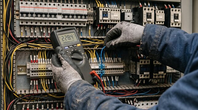 Industrial electrical panel testing, electrician using digital multimeter on circuit breaker