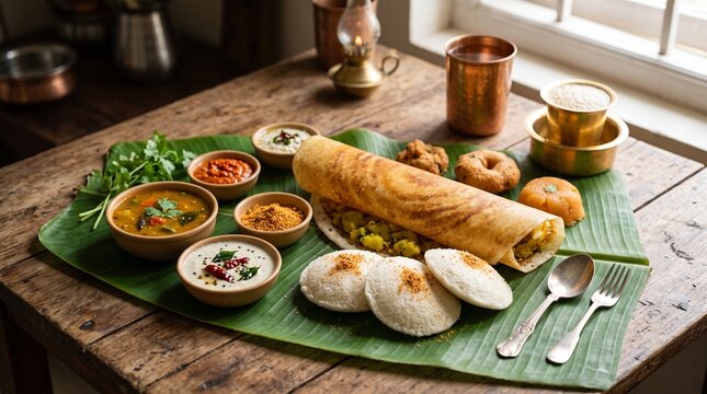 South Indian breakfast spread on a banana leaf with crispy masala dosa, soft idlis, vada, sambar, and various coconut chutneys on a wooden table