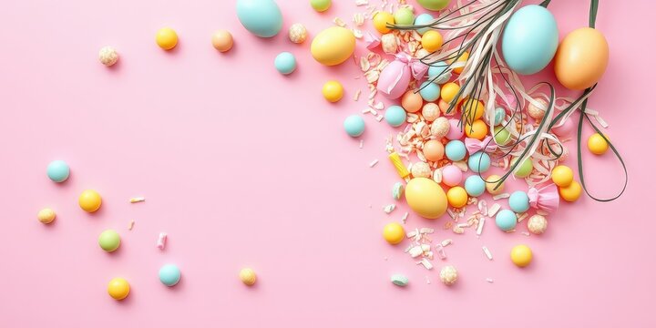 A pastel-colored arrangement of Easter eggs, candies, and confetti on a soft pink background, celebrating the joy and sweetness of the spring holiday.
