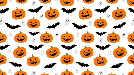 Naklejka premium A delightful and spooky halloween pattern featuring cheerful jack o' lanterns and fluttering bats perfect for festive decorations and seasonal designs