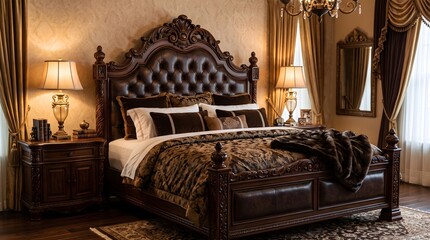 Fototapeta premium Isolated Ornate Wooden Bed Frame on White Background