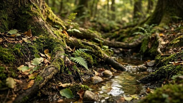 A stream flows gently through a forest filled with mossy trees and fallen leaves. The soft sound of water mixes with the rustling leaves, creating a natural setting