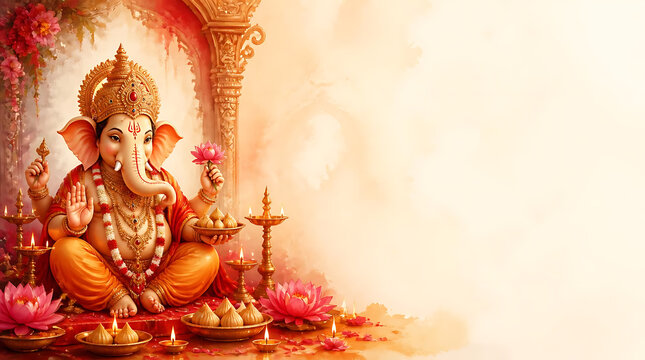 Serene Ganesh idol surrounded by lotus flowers and lit oil lamps featuring traditional offerings and spiritual ambiance for
