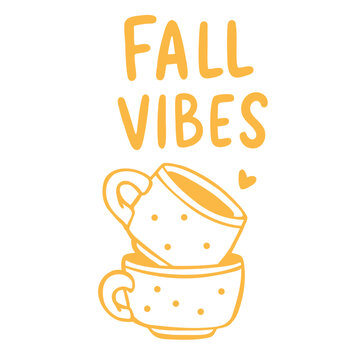 vector Fall Vibes sticker with a cozy  stacked cups, creating a warm autumn tea moment for seasonal kitchen, home, cafe, beverage and lifestyle designs.
