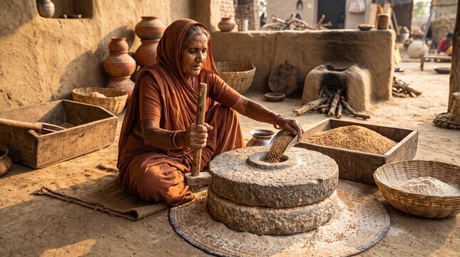 Elderly Indian woman in traditional attire grinding wheat grains using a traditional stone hand mill inside a rural mud house