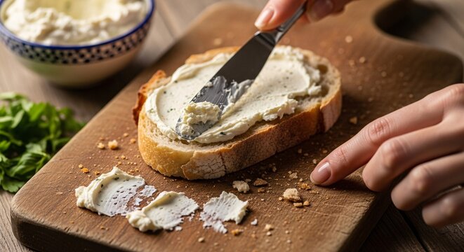 A person's hand using a knife to spread creamy cheese or a similar spread onto a slice of rustic bread on a wooden cutting board, with a bowl of spread and herbs nearby.