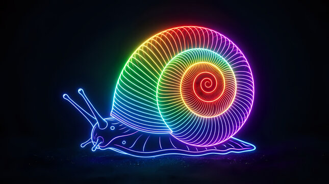 Rainbow colored neon outline art of a snail shell on solid dark background