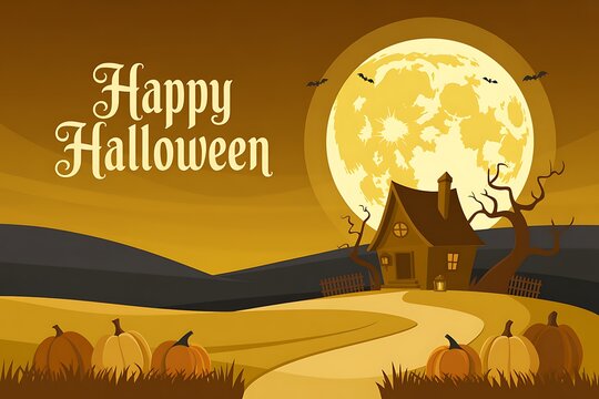 Spooky halloween scene with a haunted house pumpkins and a full moon in the night