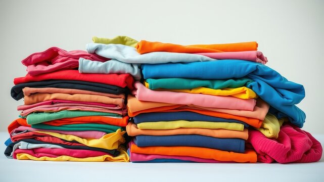 A colorful stack of folded clothing items on a light-colored surface, representing the joy of organization and a fresh wardrobe