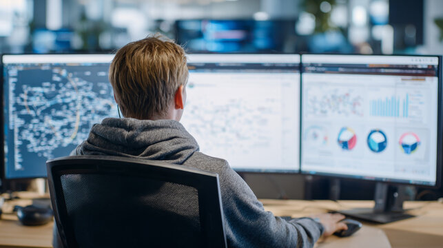 Professional Analyzing Data on Multiple Monitors in Office