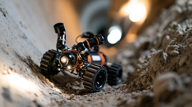 Robotic inspection crawler with a camera moving inside a sewer pipe under bright lighting underground pipeline maintenance scene no people bright robotic crawler sewer pipe