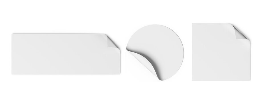 White blank sticker mockups set with rectangle, circle, and square shapes isolated on transparent