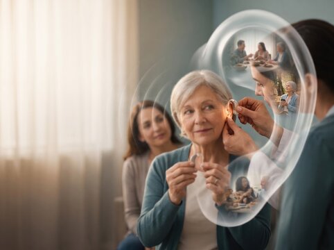 Woman receiving hearing aid adjustment from healthcare professional in community setting