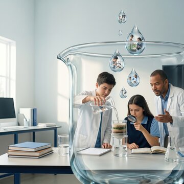Students conducting science experiment in laboratory with glassware and water droplets