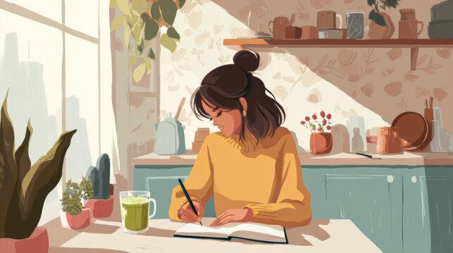 Illustrated Women Writing in Cozy Home Interiors with Plants