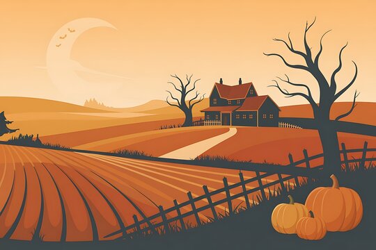 Autumn landscape with pumpkins and a winding road leading to a cozy farmhouse
