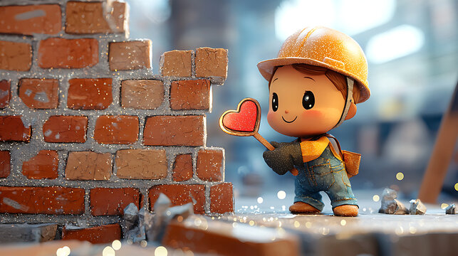 Little Construction Worker Mascot Holding a Red Heart Shape Symbolizing Love for Building and Craftsmanship in a Professional Setting